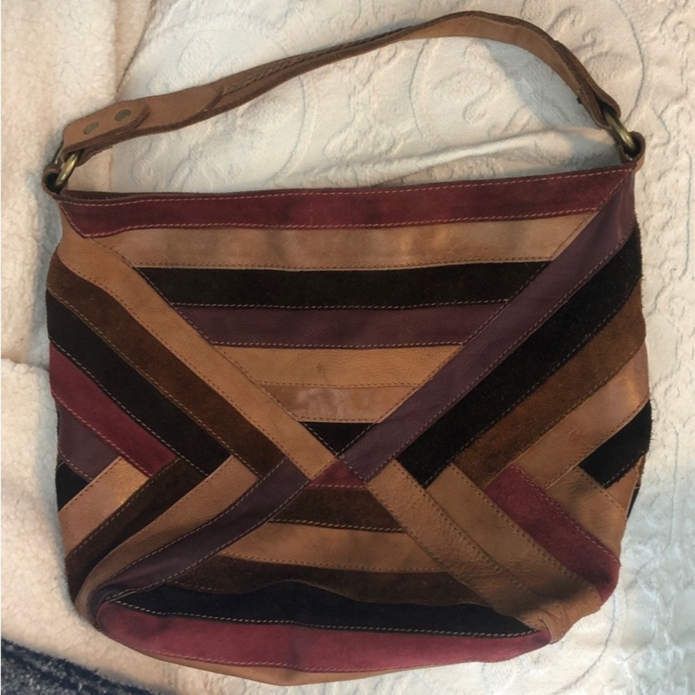 Lucky Brand Genuine leather & suede chevron print / color block hobo bag